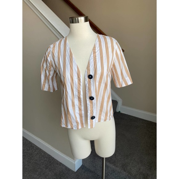 Mango white/tan striped button down short sleeve shirt, size XS - Picture 11 of 12